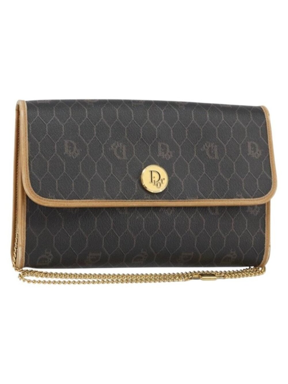 Authentic Christian Dior Honeycomb Canvas Chain Shoulder Bag PVC Black Gold